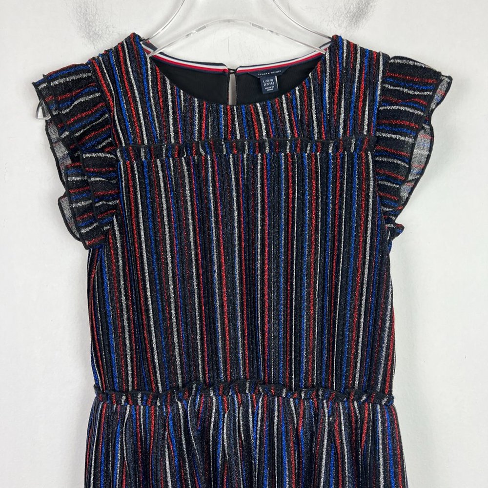 Tommy Hilfiger Metallic Sparkly Stripe Ruffle Dress Girl's Size Large L 12/14 W1 - Picture 2 of 11